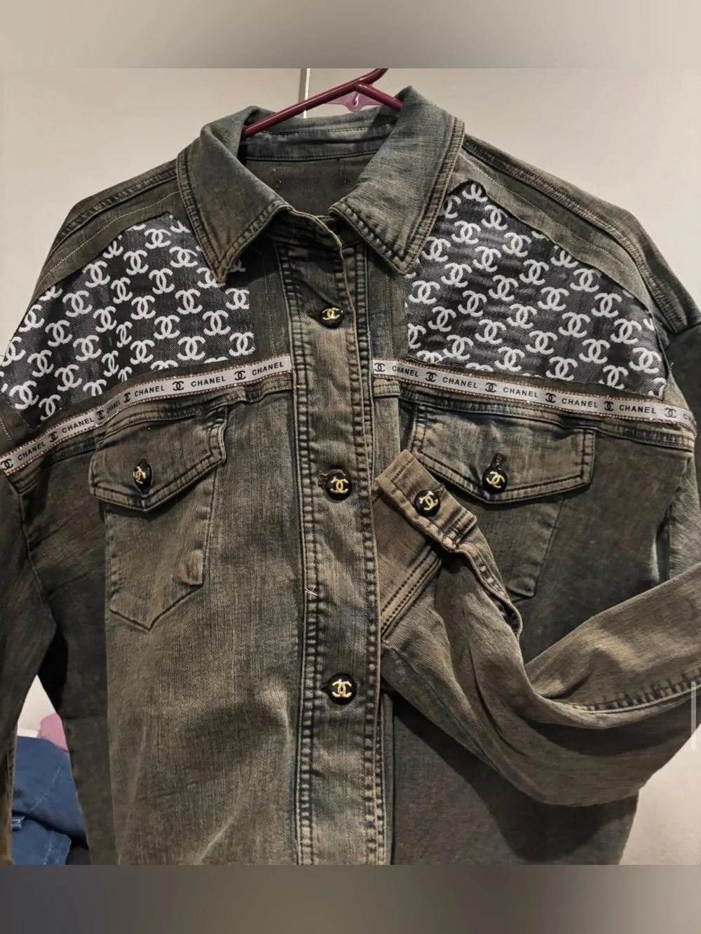CHANEL Olive Green Denim Jacket with Monogram Panels